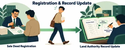 Illustration of a buyer leaving the registrar’s counter with a stamped deed while the KDA ledger still shows the seller, waiting to be updated.