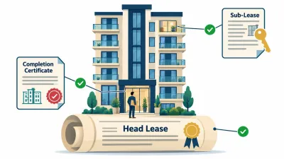 Illustration of an apartment building resting on a head lease scroll, with a completion certificate at the entrance and a sub-lease document linked to one flat.