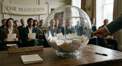 Transparent ballot drum and papers during a real estate property allotment and plot balloting event