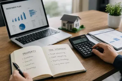 Real estate investment planning with property charts, a house model, calculator, and financial documents on a desk.