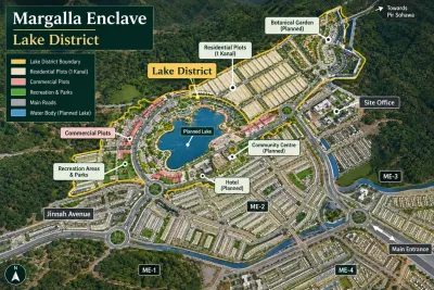 Margalla Enclave Lake District master plan showing the planned lake, residential plots, commercial areas, recreation spaces, botanical garden and main roads.