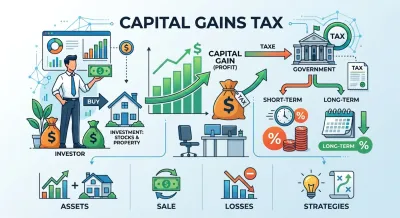 Capital Gains Tax infographic showing property and stock investment, profit growth, and tax calculations.