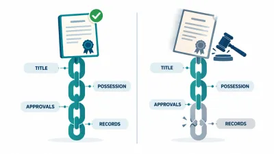 Split illustration of a strong chain supporting a stamped deed on one side and a cracked chain with a tilting deed and gavel on the other.