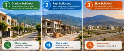 Margalla Enclave rental market infographic comparing gradual build out, fast build out and slow build out scenarios with key indicators to monitor.