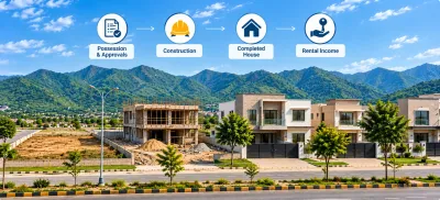 Margalla Enclave rental process infographic showing possession and approvals, house construction, completed homes, and rental income.