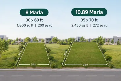 8 marla plot 30x60 ft (1,800 sq ft) and 10.89 marla plot 35x70 ft (2,450 sq ft) beside a road in a housing society