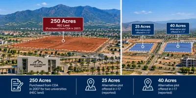 Infographic comparing the reported 250 acre HEC land parcel in Kuri with alternative 25 acre and 40 acre plots reportedly offered in Sector I 17.