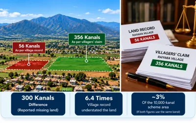 Infographic comparing the reported 56 kanal Raiyara village land record with villagers’ claim of 356 kanals, highlighting a 300 kanal difference and the reported discrepancy.