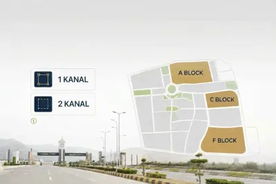 Faisal Town Phase 2 block map highlighting A Block, C Block, and F Block with 1 Kanal and 2 Kanal residential plot sizes.