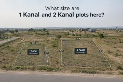 1 Kanal and 2 Kanal plot sizes in Faisal Town Phase 2 with dimensions, land area, and residential plot size comparison.