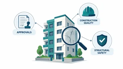 Simple illustration of a cracked building under a magnifying glass, with icons for an approval document, a hard hat and a safety shield.