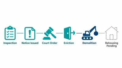 Simple six-step path from a survey clipboard to a notice, gavel, evacuation door, demolition crane and a faded house icon for rehousing.