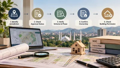 Infographic illustrating five steps to verify housing society approvals in Pakistan, including checking LDA, CDA or RDA jurisdiction, NOC status, scheme boundaries, ownership and building permissions.