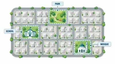 Simple top-down plan of a neighbourhood grid with three highlighted plots marked by a tree, a school and a mosque, showing land reserved for public use.