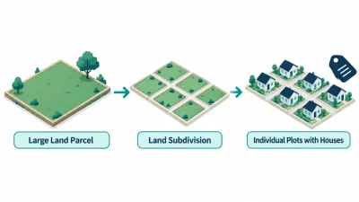 Simple three-stage illustration of a large park plot being divided into small squares and then turned into small houses with a price tag.
