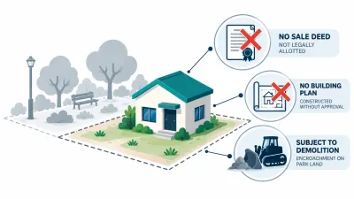 Simple illustration of a house on a plot where a park was planned, linked to a crossed-out deed, a crossed-out building plan and a bulldozer.