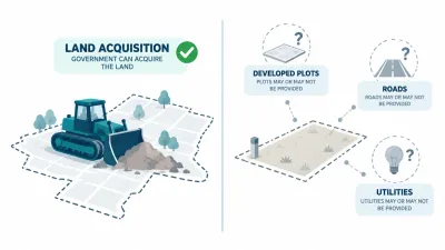Simple split illustration of a cleared map area with a bulldozer and checkmark beside a faded plot, road and power icons marked with question marks.