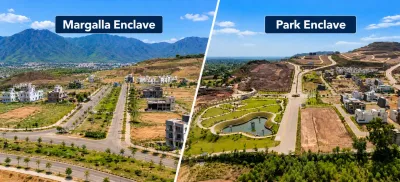 Margalla Enclave and Park Enclave Islamabad comparison showing plot development, roads, landscaped green spaces, and residential buildings.
