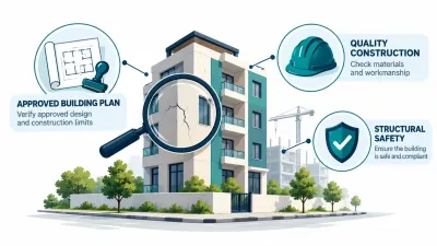 Simple illustration of a building under a magnifying glass, with icons for an approval document, a hard hat and a safety shield.