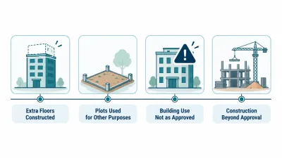 Simple row of four icons showing an extra unapproved floor, a plot meant for a park, a building with a warning sign and a half-built structure with a crane.