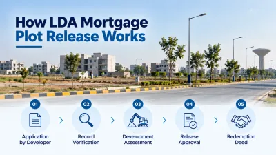 Five-step LDA mortgage plot release process showing developer application, record verification, development assessment, release approval and redemption deed.