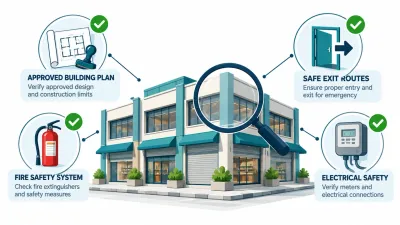 Simple illustration of a market building under a magnifying glass, linked to icons for an approved plan, an open exit, a fire extinguisher and an electrical meter.