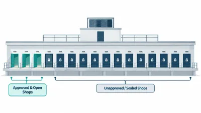 Simple illustration of a building with a row of sixteen doors, where three are open and thirteen are shown locked with padlocks.