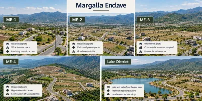 AI-generated illustrative sector comparison of Margalla Enclave showing ME-1, ME-2, ME-3, ME-4 and Lake District with residential layouts and surrounding greenery.