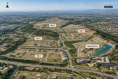 AI-generated illustrative aerial view of Margalla Enclave showing ME-1, ME-2, ME-3, ME-4, Lake District, road connections and distant Margalla Hills.