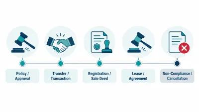 Simple timeline with five markers and icons for a court ruling, a settlement, an approval certificate, a second ruling and a withdrawn certificate.