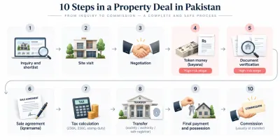 Infographic showing 10 steps in a property deal in Pakistan, from property inquiry and site visits to document verification, ownership transfer, possession, and commission.