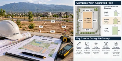 AI-generated infographic illustrating Margalla Enclave plot measurement, approved layout comparison, residential plot dimensions, boundary checks and site survey documentation.
