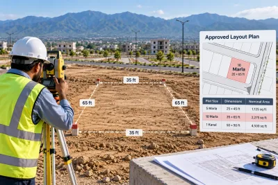 AI-generated illustration of a surveyor measuring a residential plot with boundary markers and comparing site dimensions with a layout plan for 5 marla, 10 marla and 1 kanal plots.