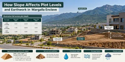 AI-generated visualization of Margalla Enclave Islamabad showing how slope affects residential plot levels and earthwork, with illustrative slope calculations, estimated excavation volumes, soil and rock conditions, groundwater depth, and drainage features.