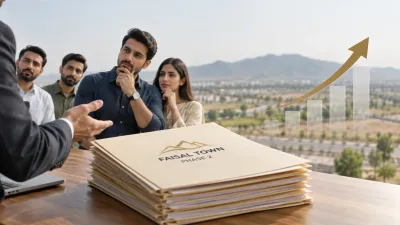 Faisal Town Phase 2 real estate investment discussion with property files and a rising market growth chart.