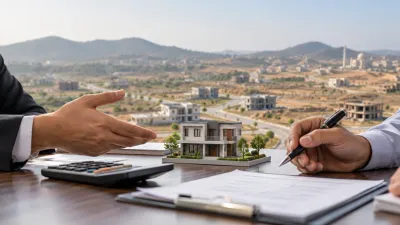 Real estate professionals negotiating a property investment using a house model and documents in a developing residential society.