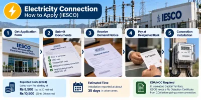 IESCO electricity connection process in Islamabad showing application submission, required documents, demand notice, fee payment and meter installation.