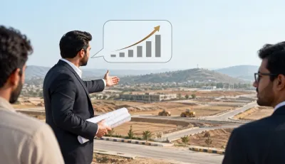 Real estate developers discussing property investment returns at a faisal town phase 2 with a rising growth chart.