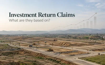 Investment return claims illustrated with a rising growth chart over developing residential land in a real estate project.
