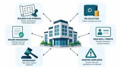 Simple illustration of one office building linked to six icons for project approval, escrow, disclosure, agent licensing, complaints and penalties.