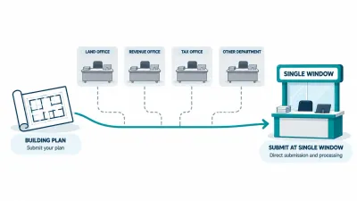 Simple illustration of a blueprint bypassing four separate desks and entering one single window counter with a laptop.