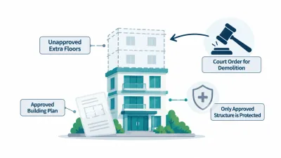 Simple illustration of a building with unapproved dashed upper floors, a fading agreement document and a gavel pointing at the floors.