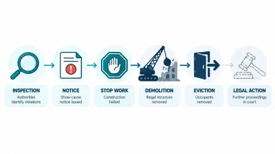 Simple six-step path from a magnifying glass to a notice, stop sign, demolition crane, evacuation door and gavel.