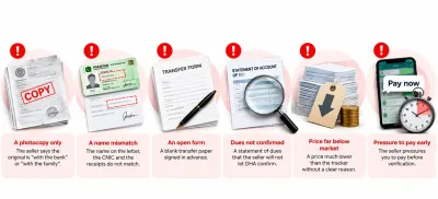 Property document warning signs including photocopied papers, mismatched names, blank transfer forms, unverified dues, unusually low prices and pressure to pay before verification.