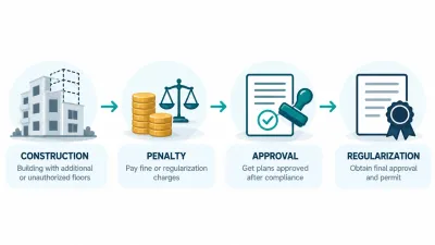 Simple four-step path from a building with a small deviation to a fee, a stamped approval and a completion certificate.