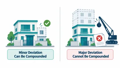 Simple split illustration of a building with a small side extension marked acceptable, beside a building with an extra dashed floor marked not allowed.