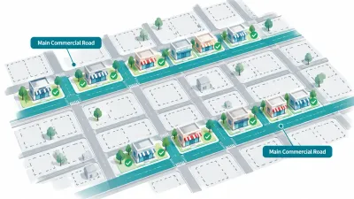 Simple top-down street grid with two highlighted main roads lined with shop icons and checkmarks, and other streets left plain.