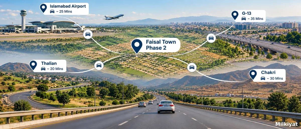 Faisal Town Phase 2 Location: Drive Times to the Airport, Thalian, Chakri and G-13