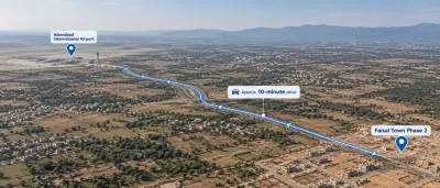Faisal Town Phase 2 distance from Islamabad International Airport with a highway route showing an approximate 10-minute drive.