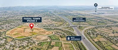 Faisal Town Phase 2 location near Thalian Interchange and M-2 Motorway, Islamabad International Airport.